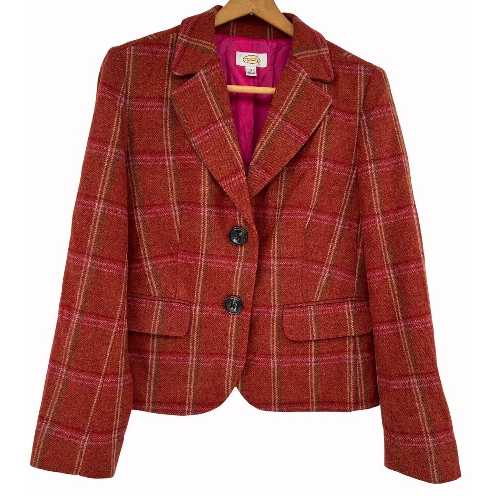 Talbots Womens 12 100% Wool Blazer Rust Orange Pink Plaid Peplum Back Academia